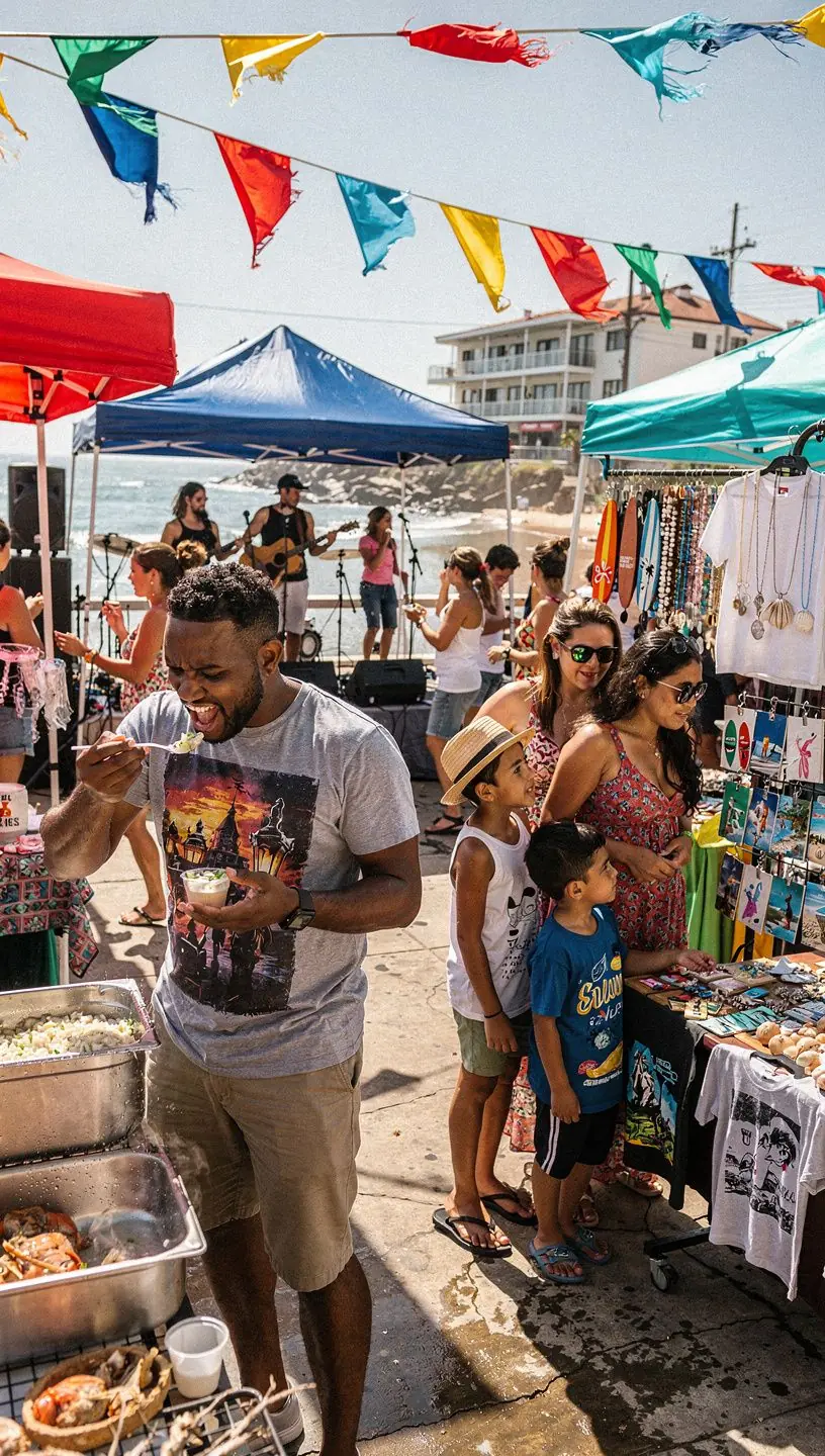 Закат над океаном с силуэтами отдыхающих и яхт на фоне красочного неба