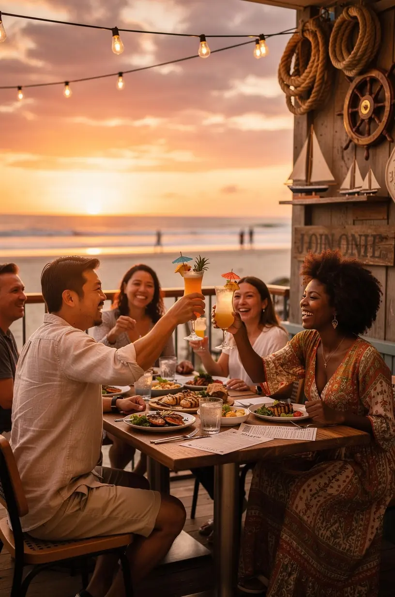 Туристическая группа наслаждается прогулкой по берегу моря в солнечный день